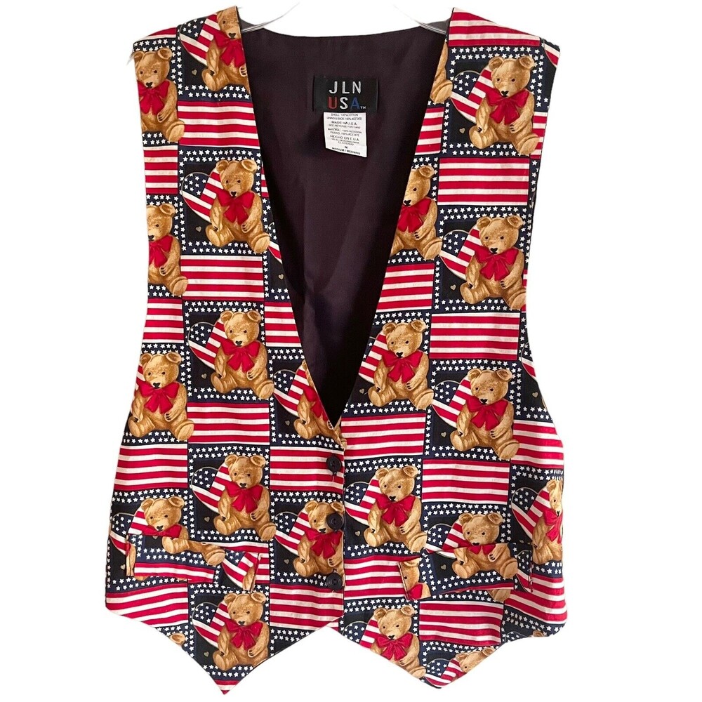JLN USA American Patriotic Vest Unisex Size M Suit Top Novelty Print Teddy Bear
